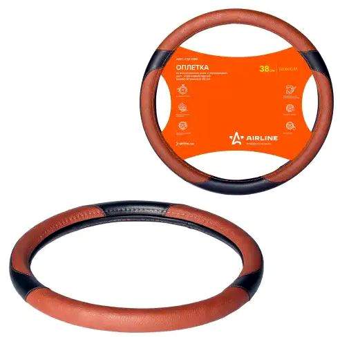Оплетка на руль кожаная AIRLINE AWC-CM-05M 38см коричневый/черный