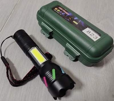 Фонарь аккумуляторный металл. LED 823 X-BALOG Li-Ion 18650, 10.5см, Zoom, бок.COB, Type-C, пласт.зел.кейс