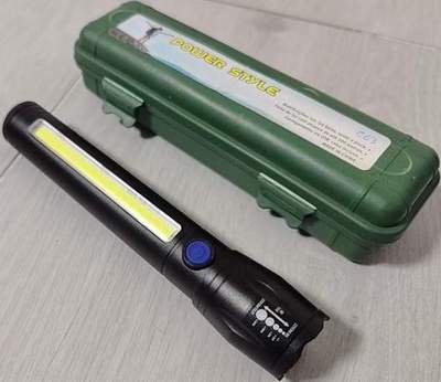 Фонарь аккумуляторный металл. LED C63 X-BALOG 16.5см ZOOM, бок.COB, Li-Ion 1x18650, MicroUSB, пласт.зел.кейс