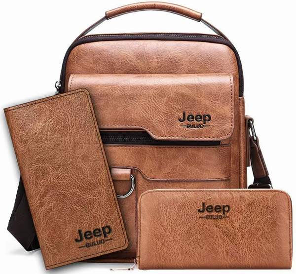 Сумка/барсетка для документов кожаная ремень ч/з плечо + кошелёк + бумажник Jeep Buluo (черная/светло-коричнеая/темно-коричневая)