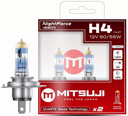 Лампа MITSUJI H4 12V 55W P43T Night Force +220% (пара)